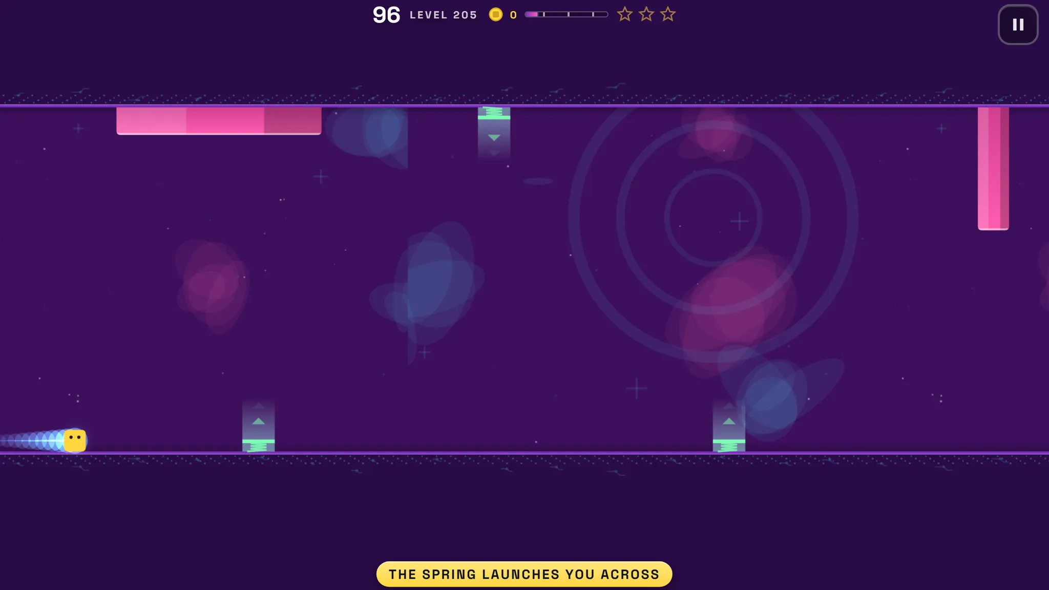 Gravity Flip in play: the cube runs along the ceiling of a purple world, dodging bars.