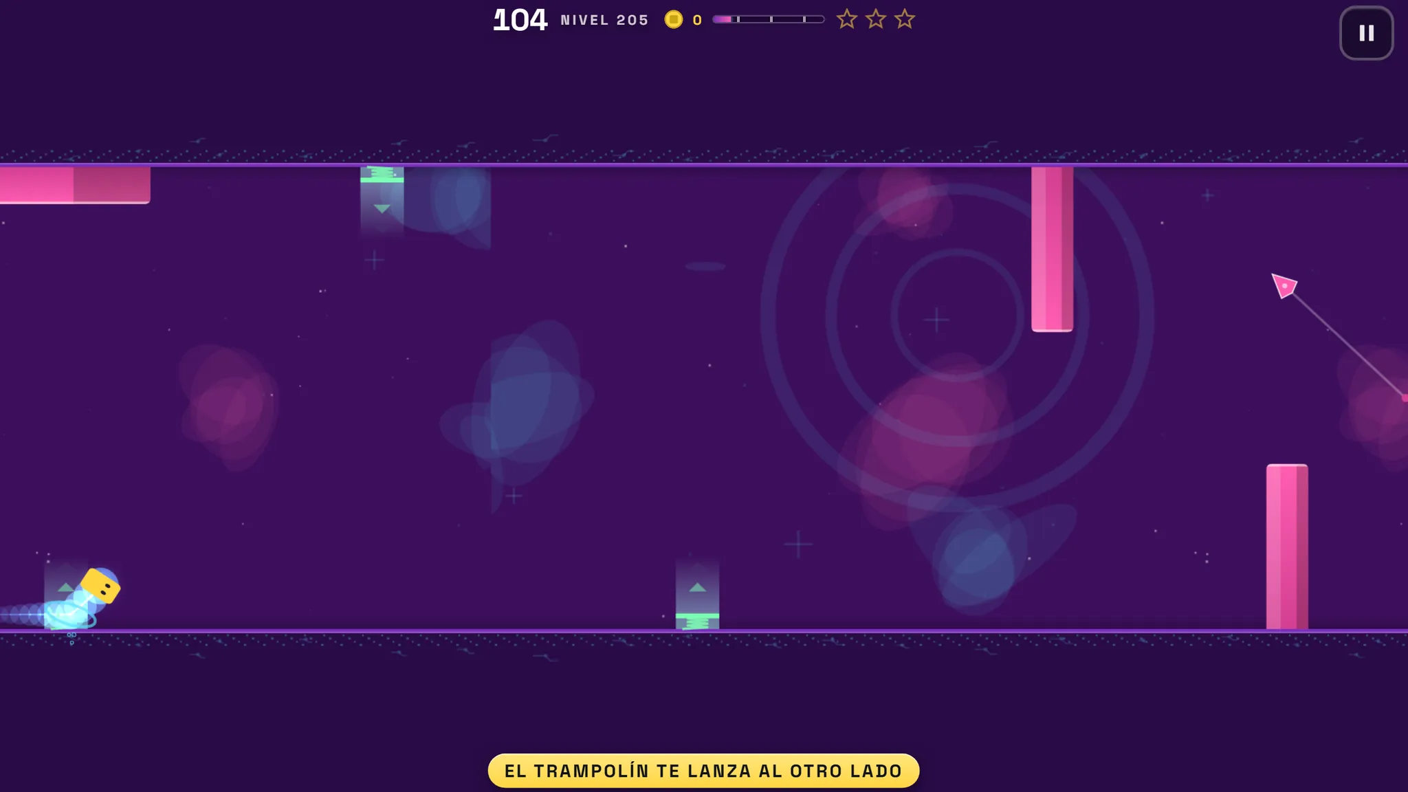 Gravity Flip en marcha: el cubo corre por el techo de un mundo morado esquivando barras.